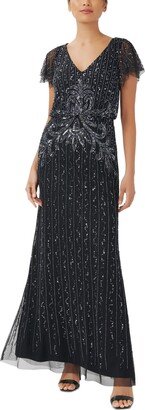 Petite Embellished Blouson Flutter-Sleeve Gown