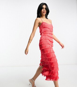 US Exclusive tiered midi fringed dress with cross back detail in hot pink