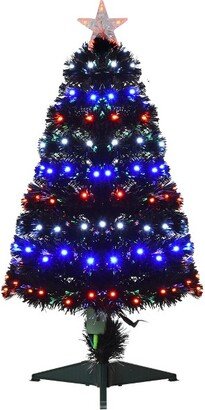 HOMCOM 3 FT Tall Pre-Lit Douglas Fir Artificial Christmas Tree with Realistic Branches, 90 Multi-Color LED Lights, Fiber Optics, and 90 Tips, Black