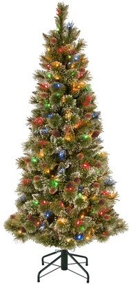 National Tree Company National Tree 5' Glistening Pine Pencil Slim Hinged Tree with Silver Glittered Cones & 150 Multi Lights