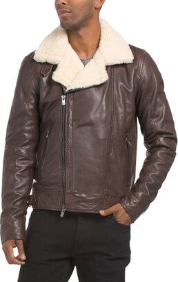 TJMAXX Leather Biker Jacket With Shearling Collar And Trim For Men