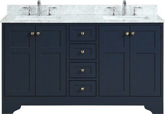 A Touch of Design 60 inch Double Bathroom Vanity, Navy Blue with Carrara Marble Top