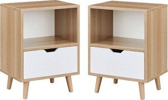 Sweetgo Modern Wooden Bedroom 2-Tier Nightstand End Side Table with Open Shelf, 4 Anti-Slip Rubber Padded Legs, & 1 Storage Drawer, Tan, Set of 2