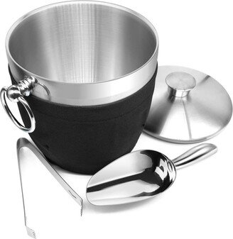 Mega Casa Insulated Ice Bucket - Double Walled Stainless Steel Ice Bucket with Ice Tongs, Scoop, Lid, and Exclusive Handmade Nylon Holder - 2.8 L (Black) - Blac