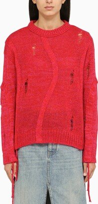 Red crew-neck sweater with wear