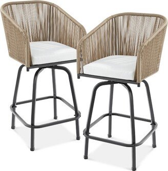 Best Choice Products Set of 2 Woven Wicker Swivel Barstools, Patio Bar Height Chairs w/ 360 Rotation - Natural/Ivory