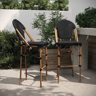 Taylor & Logan Noemi Indoor/Outdoor Stackable French Bistro Bar Stools in Black Textilene with Bamboo Print Frame