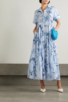 Tiered Floral-print Cotton-voile Midi Shirt Dress - Blue