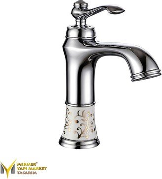 Chrome Rustic Ceramic Design Short Faucet - Mixer Faucet, Tap, Bathroom Vanity, Sink %100 Brass