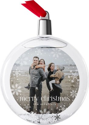 Ornaments: Snowflake Border Overlay Snow Globe Ornament, White, Circle