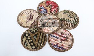 Round Coaster, Gift For Her, Coffee Cup Pad, Beige Rug Non Slip Unique Handmade Ethnic