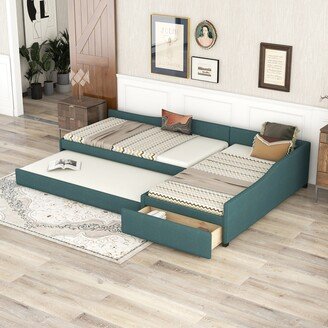 Upholstered Double Twin Size Daybed with Trundle and Drawer