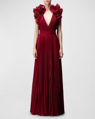 Pleated Georgette Gown with Ruffle Detail