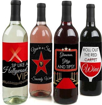 Big Dot Of Happiness Red Carpet Hollywood - Movie Night Party Decor - Wine Bottle Label Stickers 4 Ct