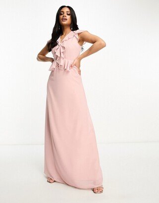 Bridesmaid chiffon maxi dress with frill detail in mauve