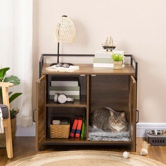 Hidden Litter Box Enclosure with Adjustable Partition, Hidden Cat Furniture with Cushion, Indoor Cat Washroom with Rattan Decoration, Double-do