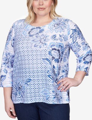 Plus Size Lavender Fields Geo Floral Printed Ruffle Top