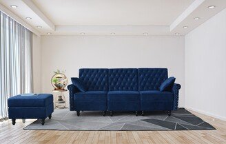 RASOO Blue Velvet Recliner Sectional Sofa with Storage Stool