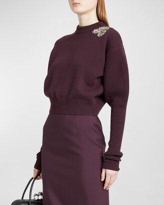 Shoulder Embellished Crop Wool Cashmere Sweater