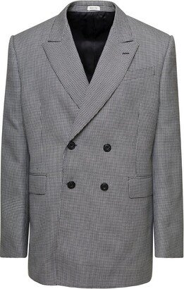 Houndstooth-Printed Double-Breasted Tailored Blazer