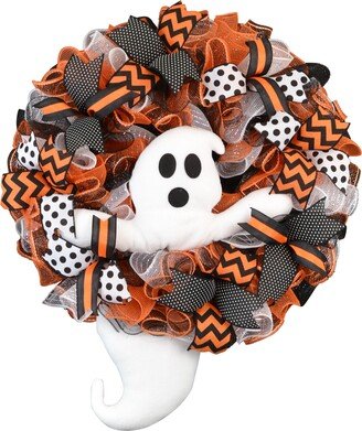 Ghost Wreath, Head & Tail Halloween Mesh Front Door Outside Wreath; Orange Black White