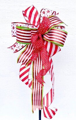 Peppermint Christmas Bow For Wreaths, Mantle Bow, Lantern Holiday Decoration, Tree Topper, Red Green, Candy Cane, Gift