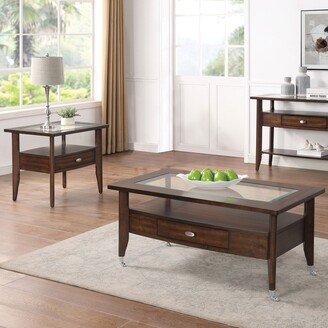 Genoas Traditional Walnut Glass 2-Piece Coffee Table Set with Drawer