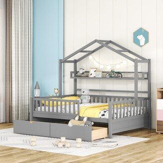 EKAR Full Size Wooden House Bed with 2 Drawers,Kids Bed with Storage Shelf