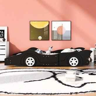 GREATPLANINC Twin Race Car-Shaped Platform Bed Wood Floor Bed with Wheels&Rear Wing