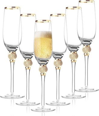 Berkware Crystal Champagne Flutes with Dazzling Rhinestone Design and Gold Tone Rim - 9oz (Set of 6)