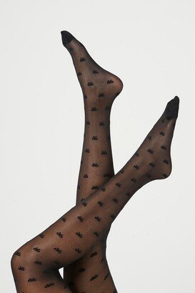 Sheer Bow Print Tights in Black, M/L