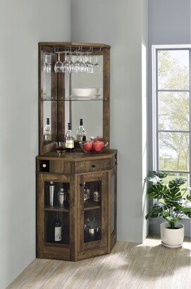 Furniture Alviso Rustic Oak Corner Bar Cabinet with Stemware Rack