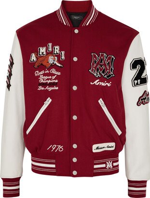 Embroidered Wool-blend and Leather Varsity Jacket-AA