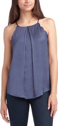 Juniors' High-Neck Scallop-Edge Sleeveless Satin Top