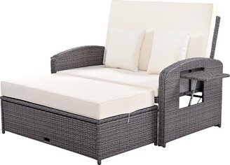 TOSWIN PE Wicker Rattan Double Chaise Lounge, 2-Person Reclining Sunbed with 3-Height Adjustable Back, Free Furniture Protection Cover