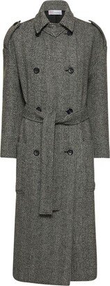 Belted Wool Herringbone Long Coat