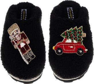 Laines London Teddy Towelling Closed Toe Slippers With Christmas Tree Car & Red Nutcracker Brooches - Black