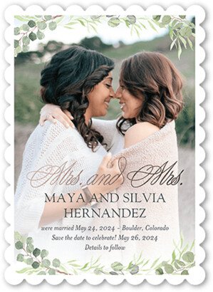 Wedding Announcements: Blossoming Date Mrs Wedding Announcement, White, 5X7, Pearl Shimmer Cardstock, Scallop