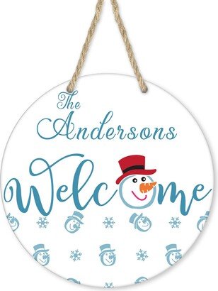 Personalized Blue Snowman Welcome Christmas Round Printed Handmade Wood Sign