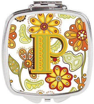 CJ2003-PSCM Letter P Floral Mustard & Green Compact Mirror