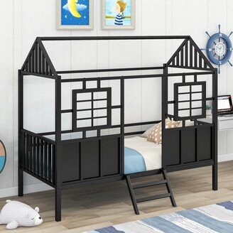 RASOO Playhouse Design Metal Low Loft House Bed with Roof and Front Windows