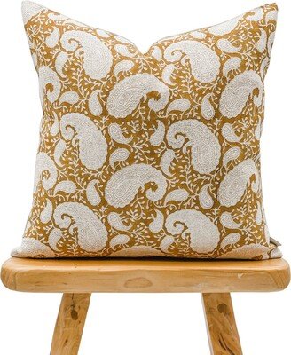 Designer Floral Mustard Yellow Saffron On Linen Pillow Cover, Block Printed Paisley Cover, Boho Pillow, Modern Farmhouse