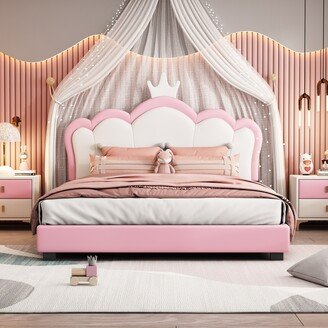 Aoolive Full or Twin Size Upholstered Princess Bed With Crown Headboard, Luxury PU Leather Kid's Platform Bed