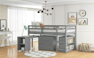 Sunmory Classic Elegant Twin Loft Bed with Cabinet and Rolling Portable Desk