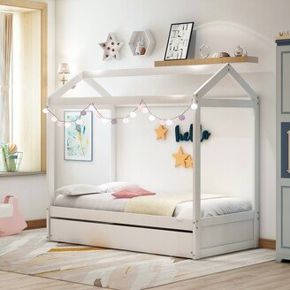 Wooden House Bed with Trundle