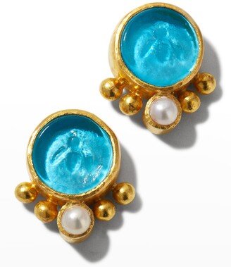 Round Venetian Glass Intaglio Tiny Bee Stud Earrings with Pearls and Dots