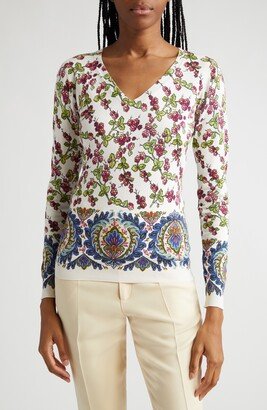 Paisley & Berry Print V-Neck Stretch Silk Sweater