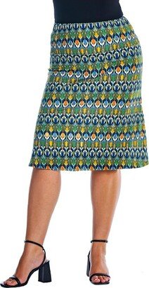 24seven Comfort Apparel Womens Plus Size Green Geometric Elastic Waist Knee Length Skirt-P006563GRB-Green Multi