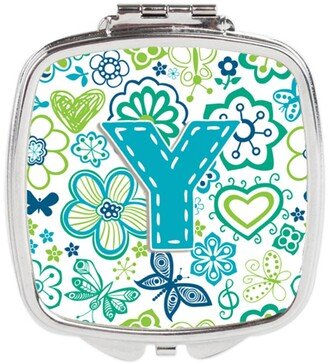 CJ2006-YSCM Letter Y Flowers & Butterflies Teal Blue Compact Mirror