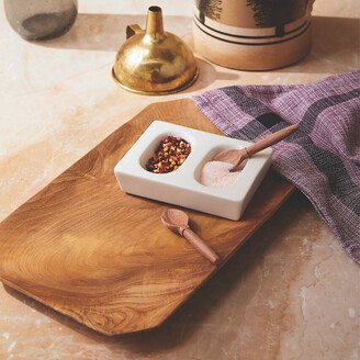 Stoneware Double Salt and Pepper Cellar and Beechwood Spoon Set